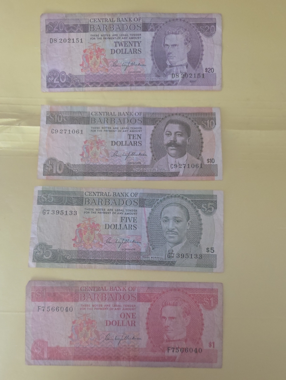 Barbados Banknote Set - $20 $10 $5 $1